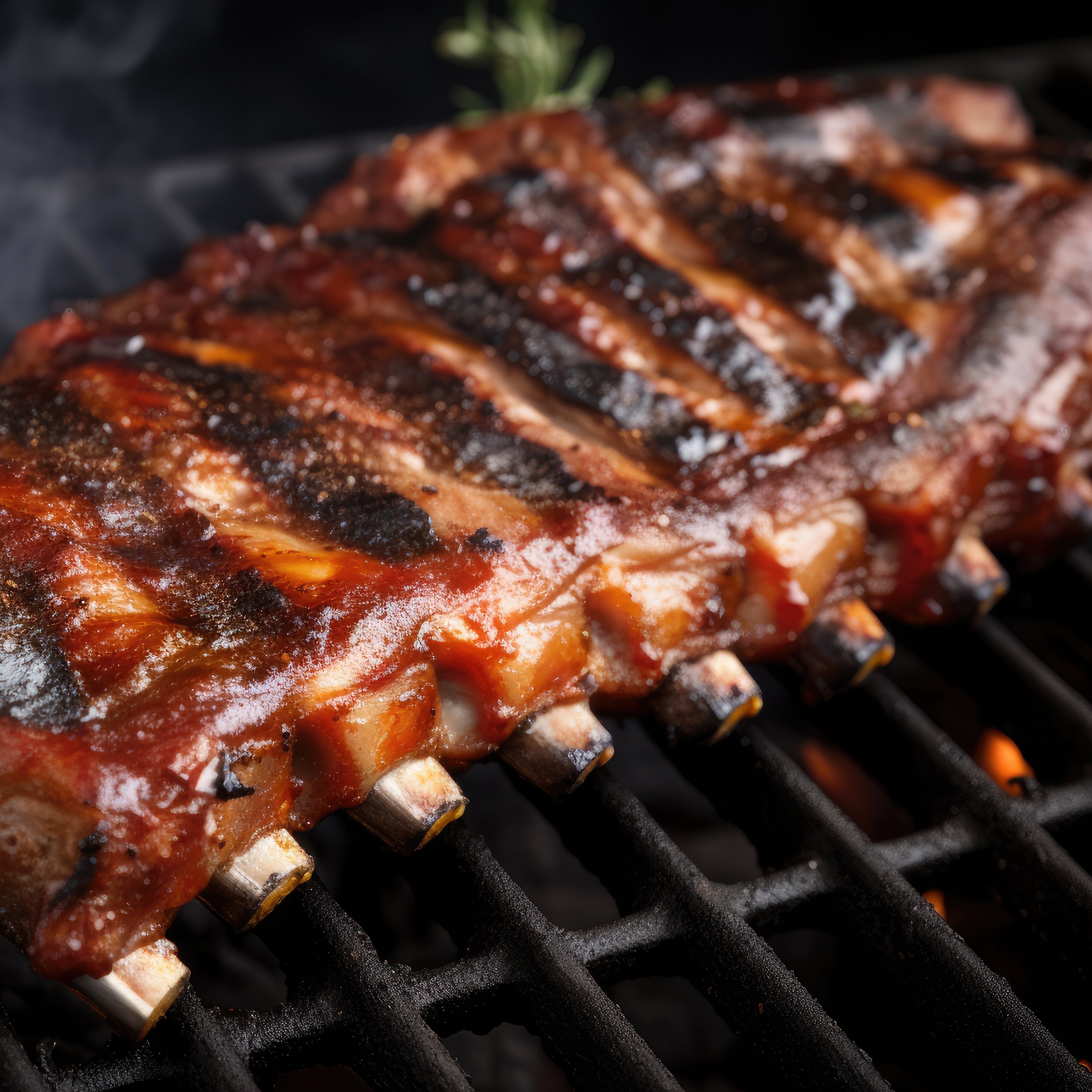 hot spare ribs with-barbecue sauce with fire on grill, bbq, smoked